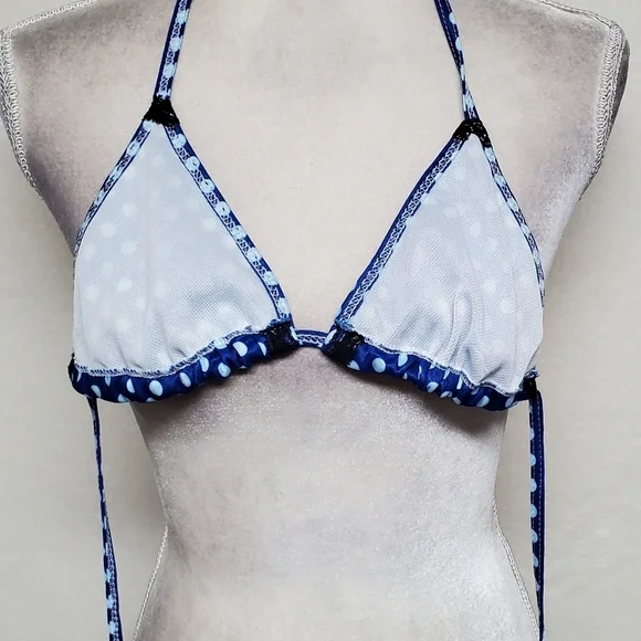 90s Vintage OOAK Handmade Blue Polka-dot Black Lace Side-Tie Triangle Bikini S - Picture 15 of 16